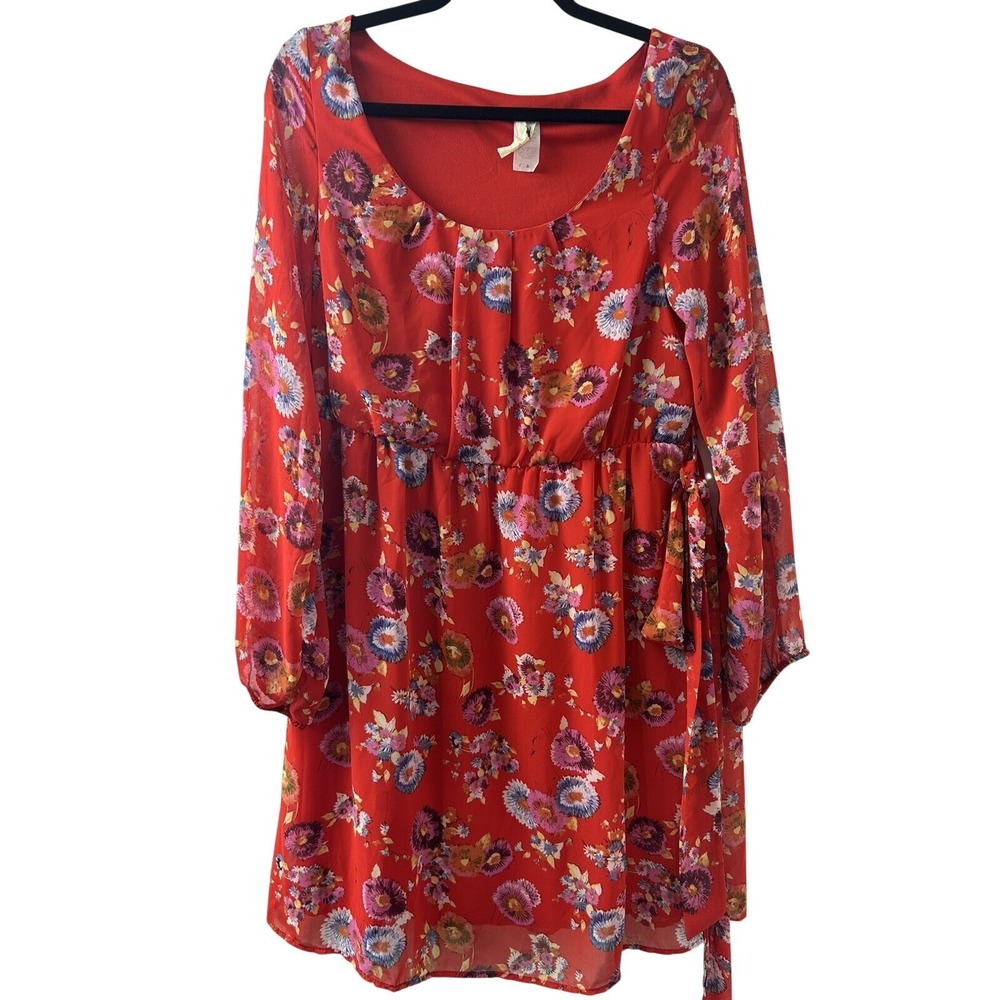 Needle & Thread Red Floral Chiffon Mini Dress Long Sleeve Elastic Waist Medium‎